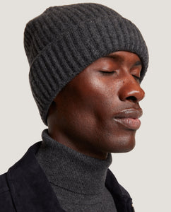 INIGO Ribbed Cashmere Beanie | Dark Grey Melange